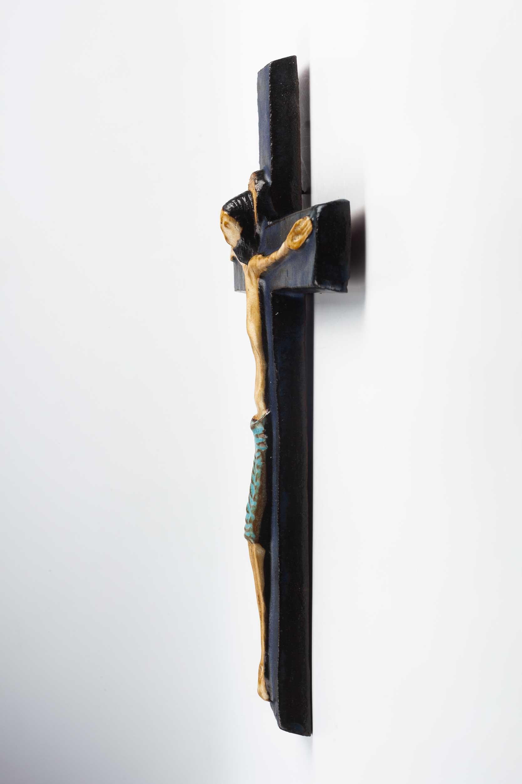 Midcentury European Wall Cross, Dark and Light Blue, Brown, 1970s In Good Condition For Sale In Chicago, IL