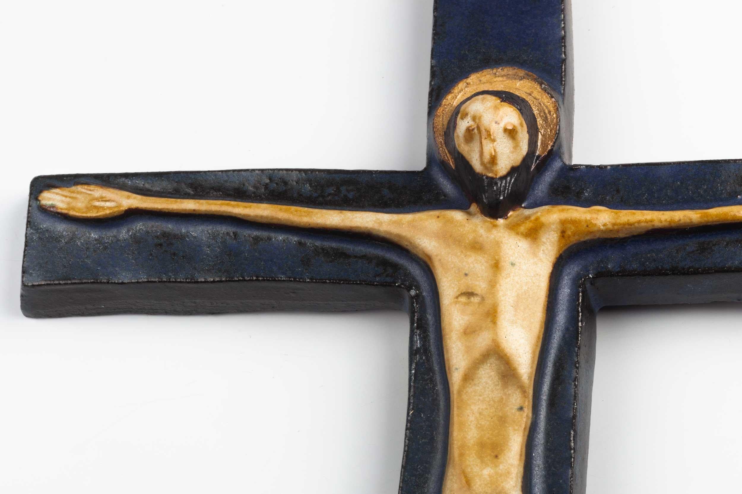 Late 20th Century Midcentury European Wall Cross, Dark and Light Blue, Brown, 1970s For Sale