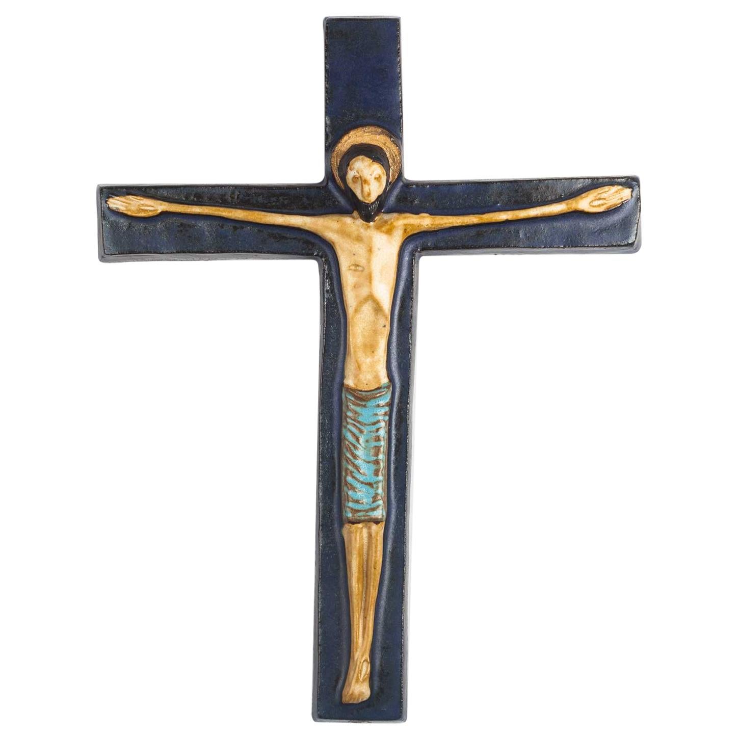 Midcentury European Wall Cross, Dark and Light Blue, Brown, 1970s For Sale