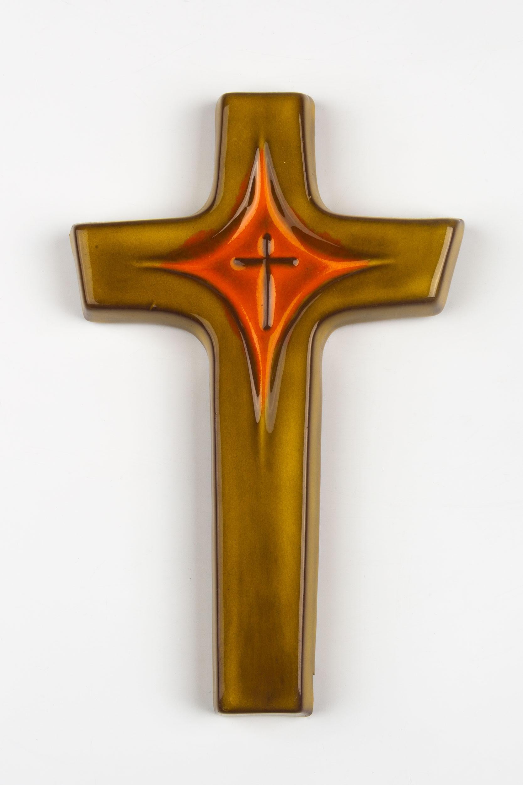 Midcentury European Wall Cross, Green, Orange, Glazed Ceramic, Handmade, 1970 In Good Condition For Sale In Chicago, IL