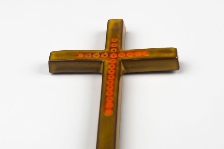 Midcentury European Wall Cross, Green, Orange, Glazed Ceramic, Handmade, 1970s For Sale 2