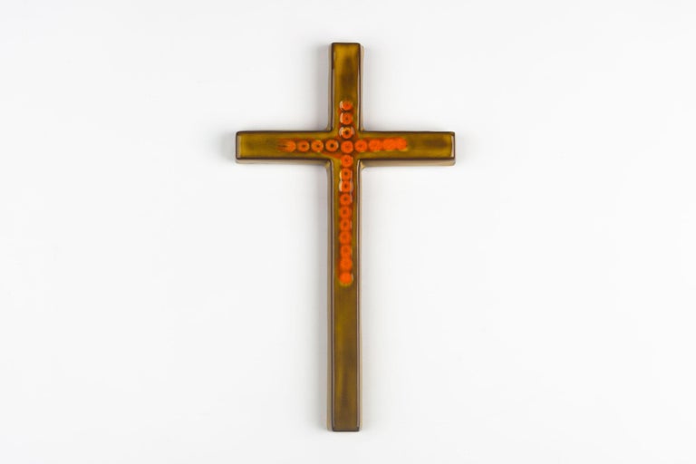 Midcentury European Wall Cross, Green, Orange, Glazed Ceramic, Handmade, 1970s In Good Condition For Sale In Chicago, IL