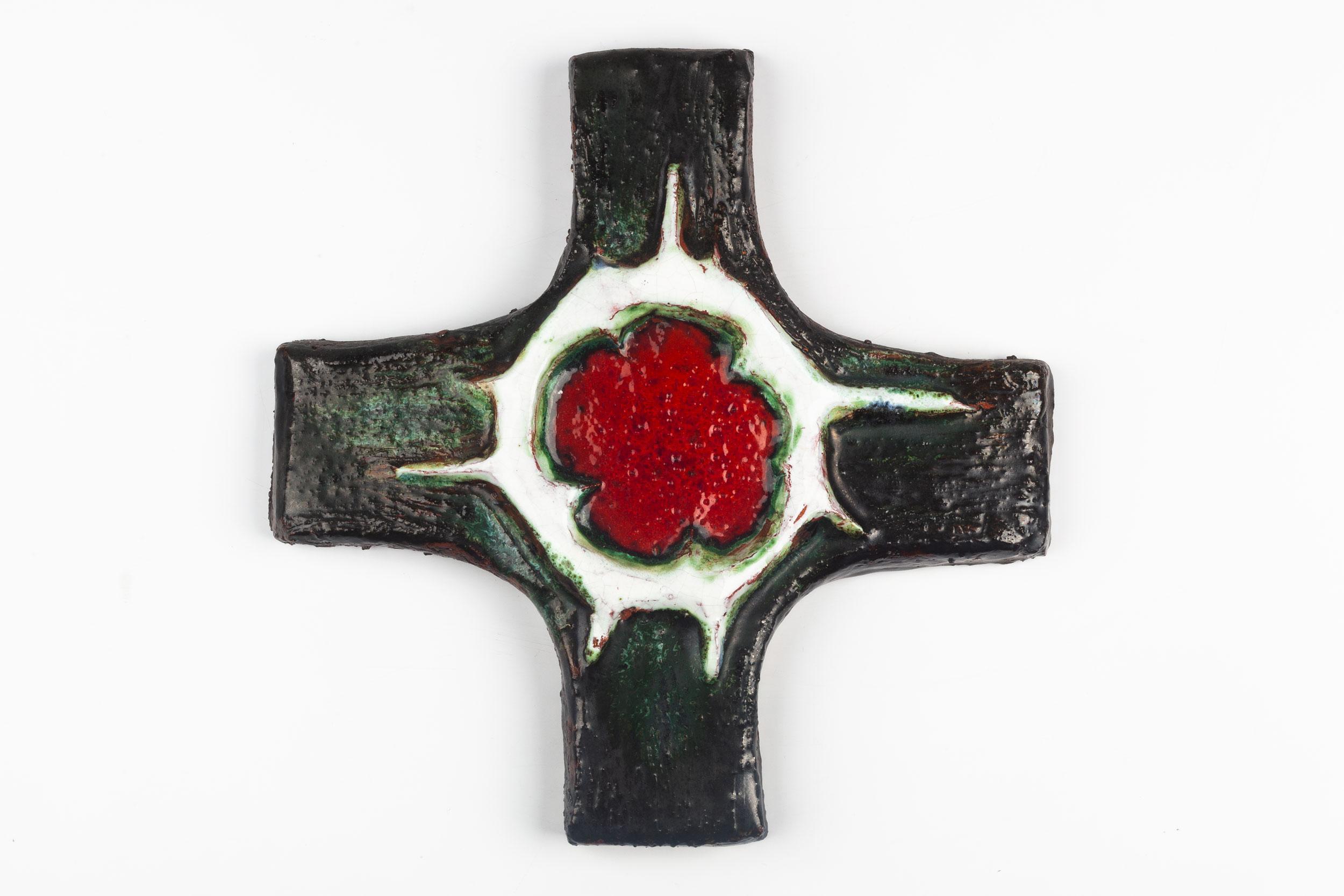 Midcentury European Wall Cross, Green, Red, Textured Ceramic, Handmade, 1970 For Sale 2