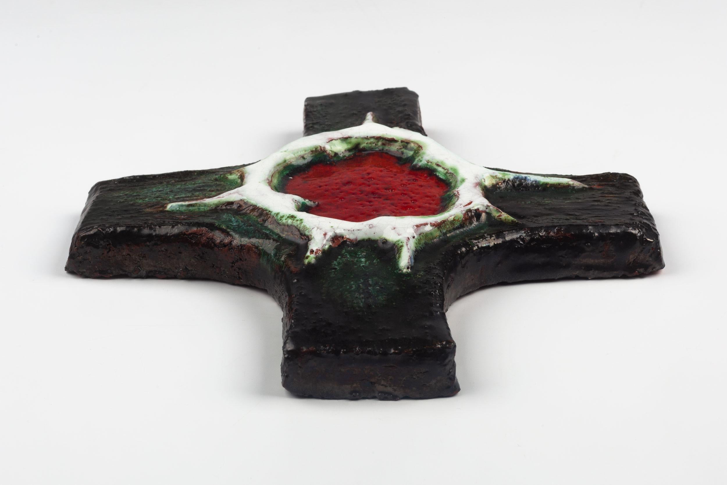Mid-Century Modern Midcentury European Wall Cross, Green, Red, Textured Ceramic, Handmade, 1970 For Sale