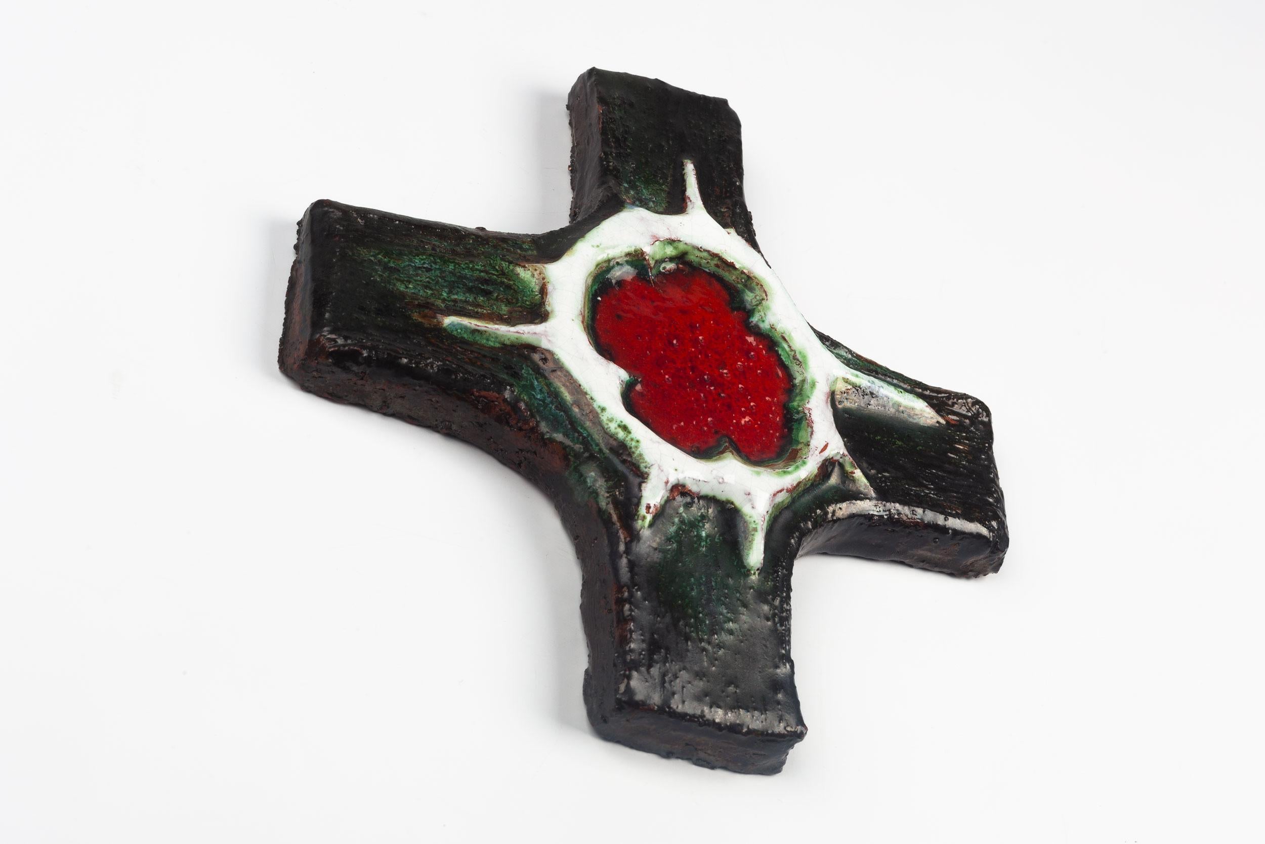 Late 20th Century Midcentury European Wall Cross, Green, Red, Textured Ceramic, Handmade, 1970 For Sale