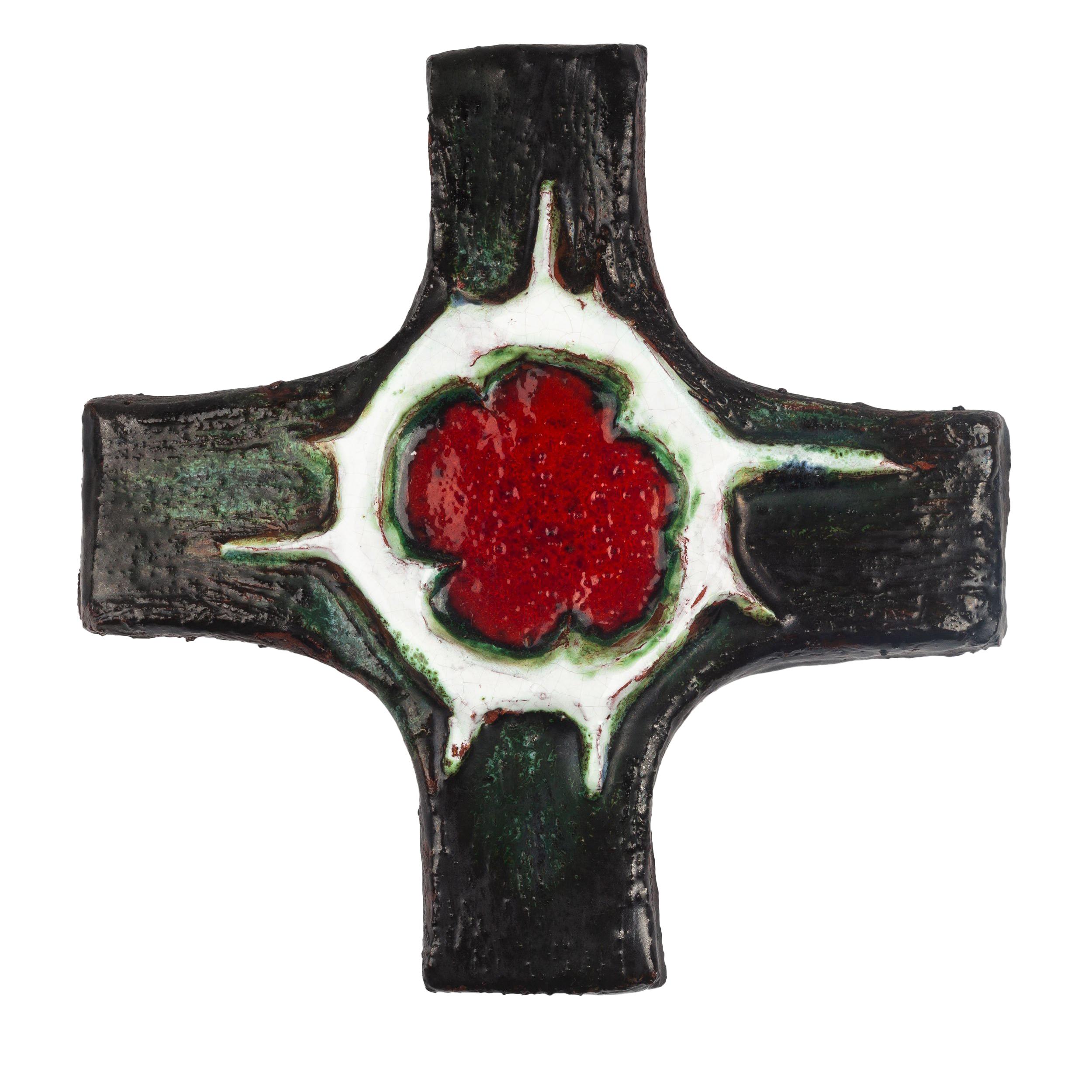 Midcentury European Wall Cross, Green, Red, Textured Ceramic, Handmade, 1970 For Sale