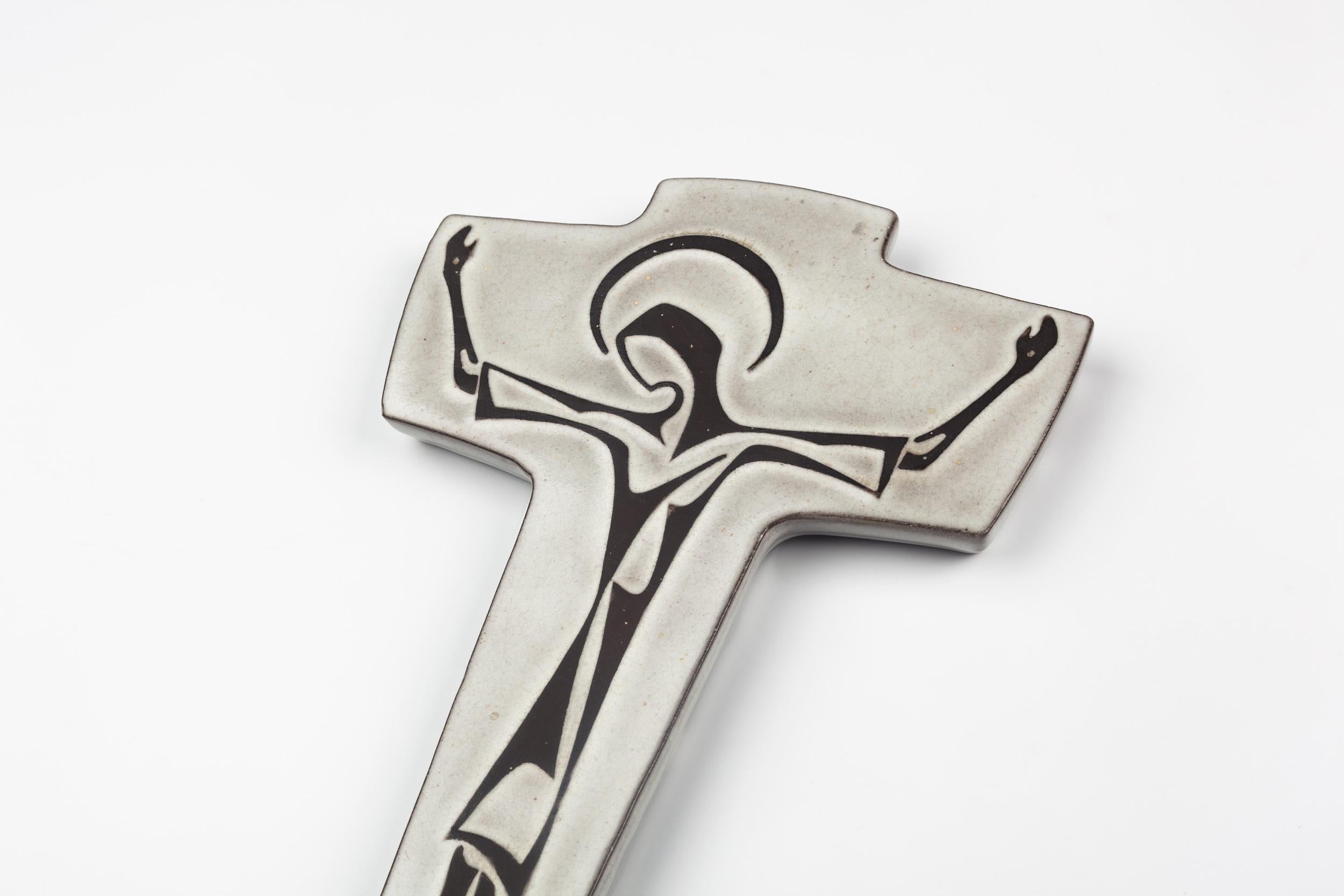 Ceramic Mid-Century European Wall Cross, Grey, Dark Brown, 1980s For Sale