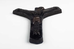 Midcentury European Wall Cross, Hand Painted Dark Brown Glazed Ceramic, 1970s