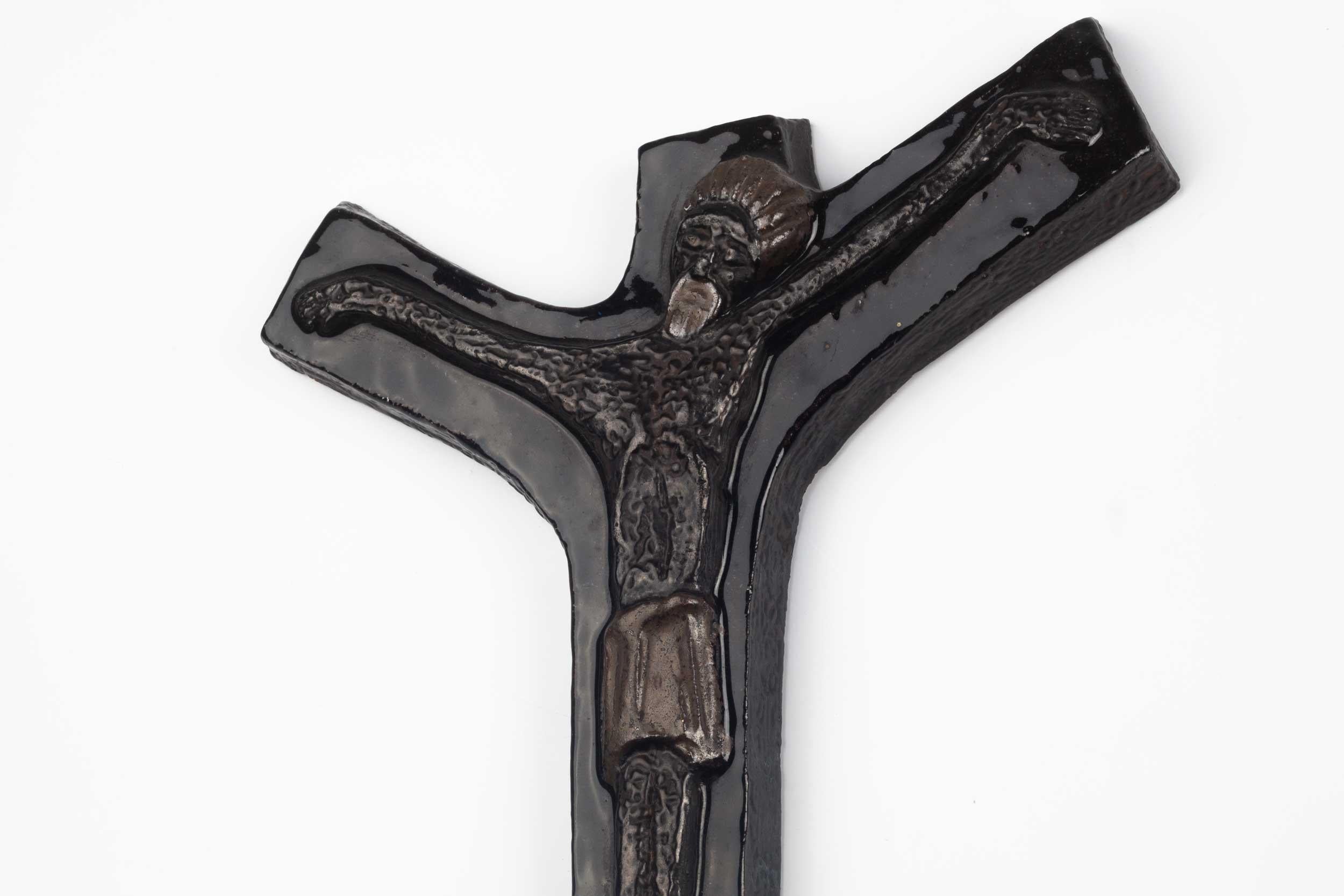 Late 20th Century Midcentury European Wall Cross, Hand Painted Dark Brown Glazed Ceramic, 1970s For Sale