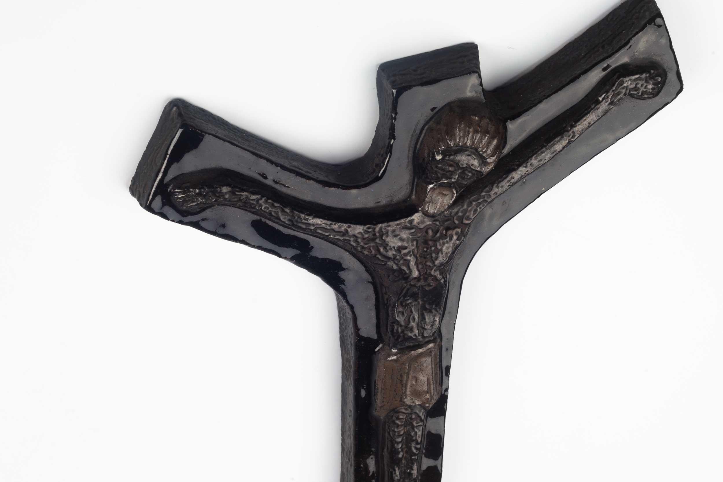 Clay Midcentury European Wall Cross, Hand Painted Dark Brown Glazed Ceramic, 1970s For Sale