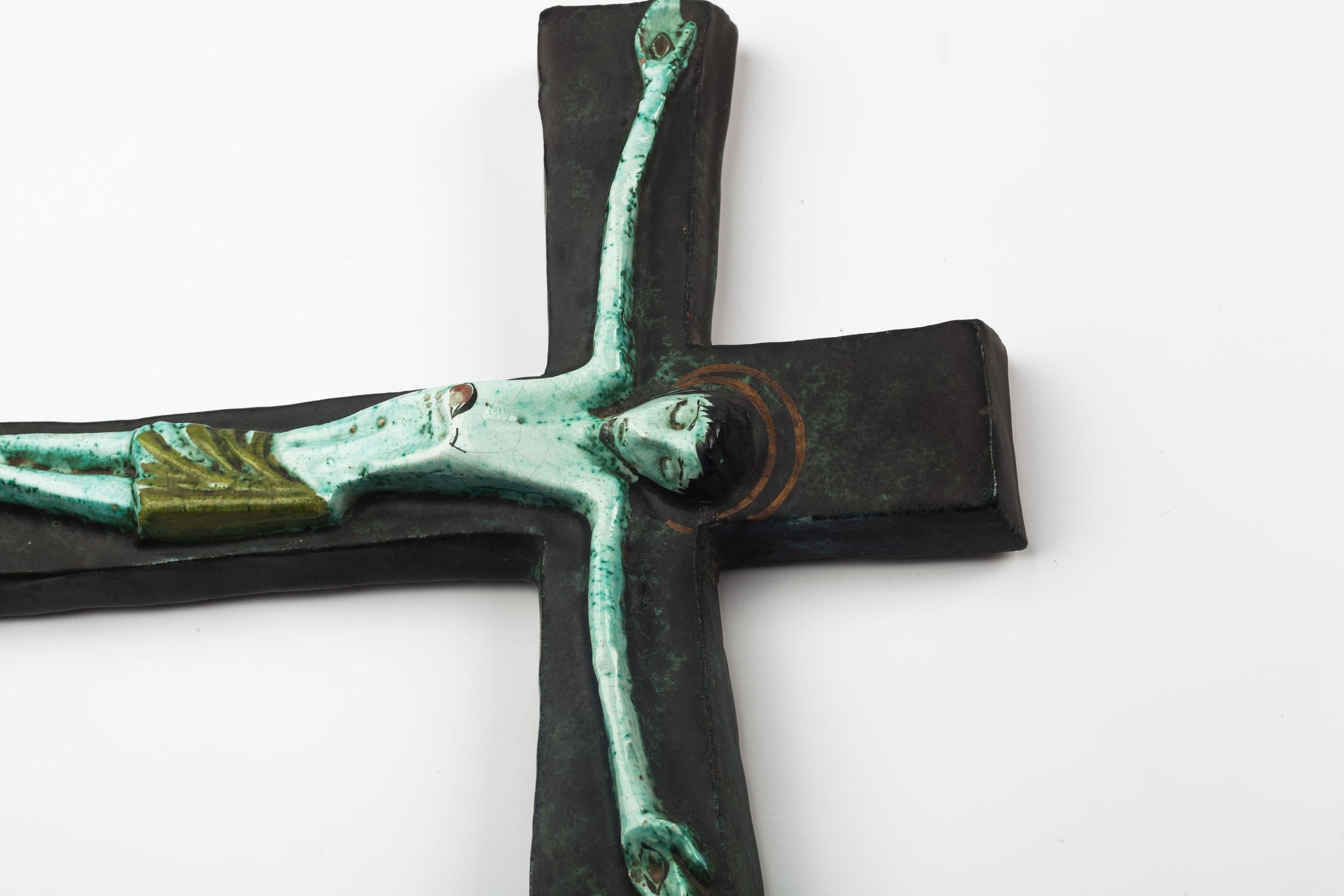 Midcentury European Wall Cross, Hand Painted Textured Ceramic, 1970s For Sale 2