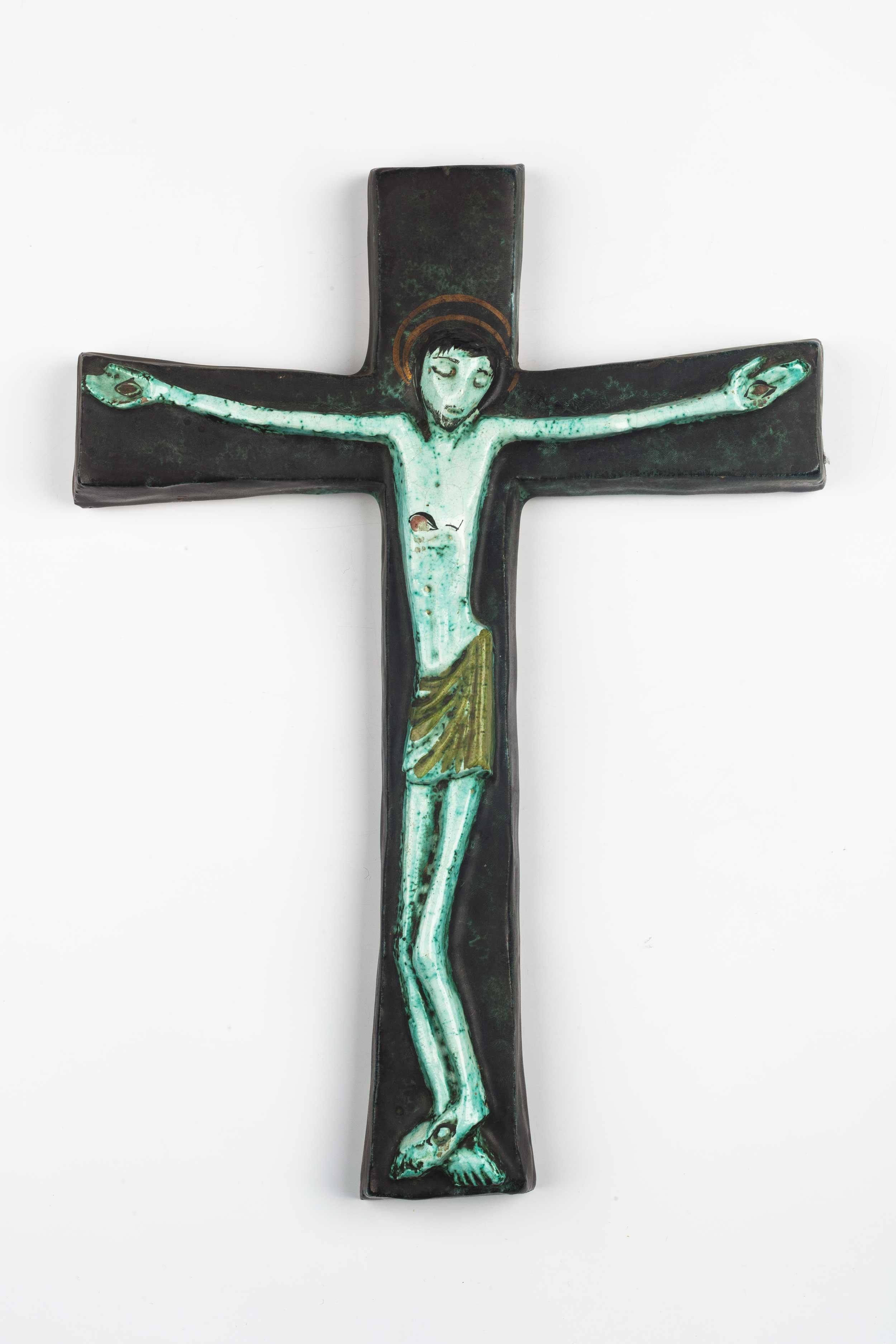 Midcentury European Wall Cross, Hand Painted Textured Ceramic, 1970s For Sale 3