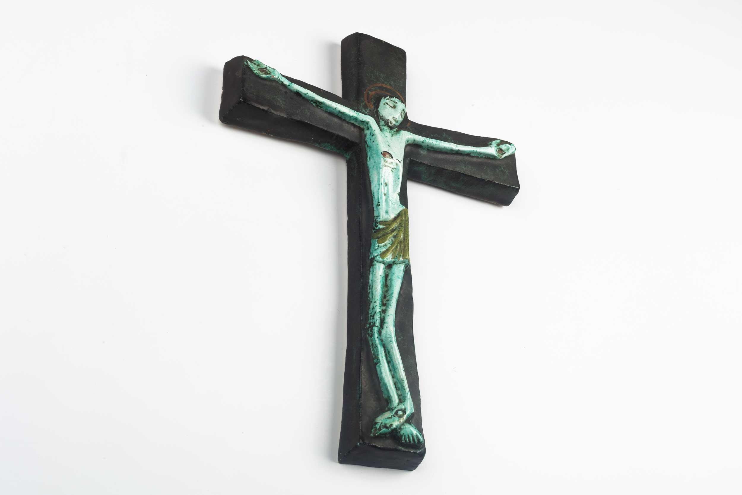 Mid-Century Modern Midcentury European Wall Cross, Hand Painted Textured Ceramic, 1970s For Sale