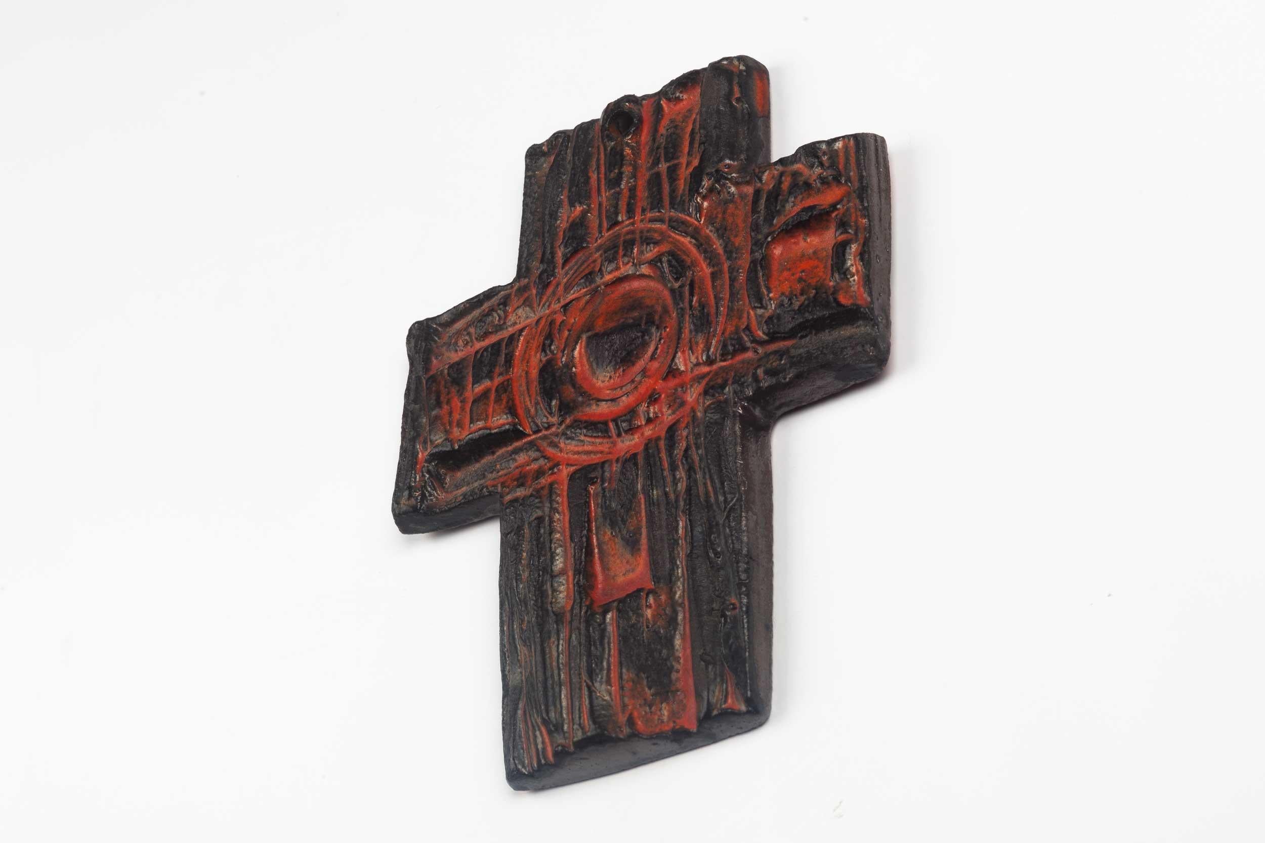 Belgian Midcentury European Wall Cross, Hand Painted Textured Ceramic, 1970s For Sale