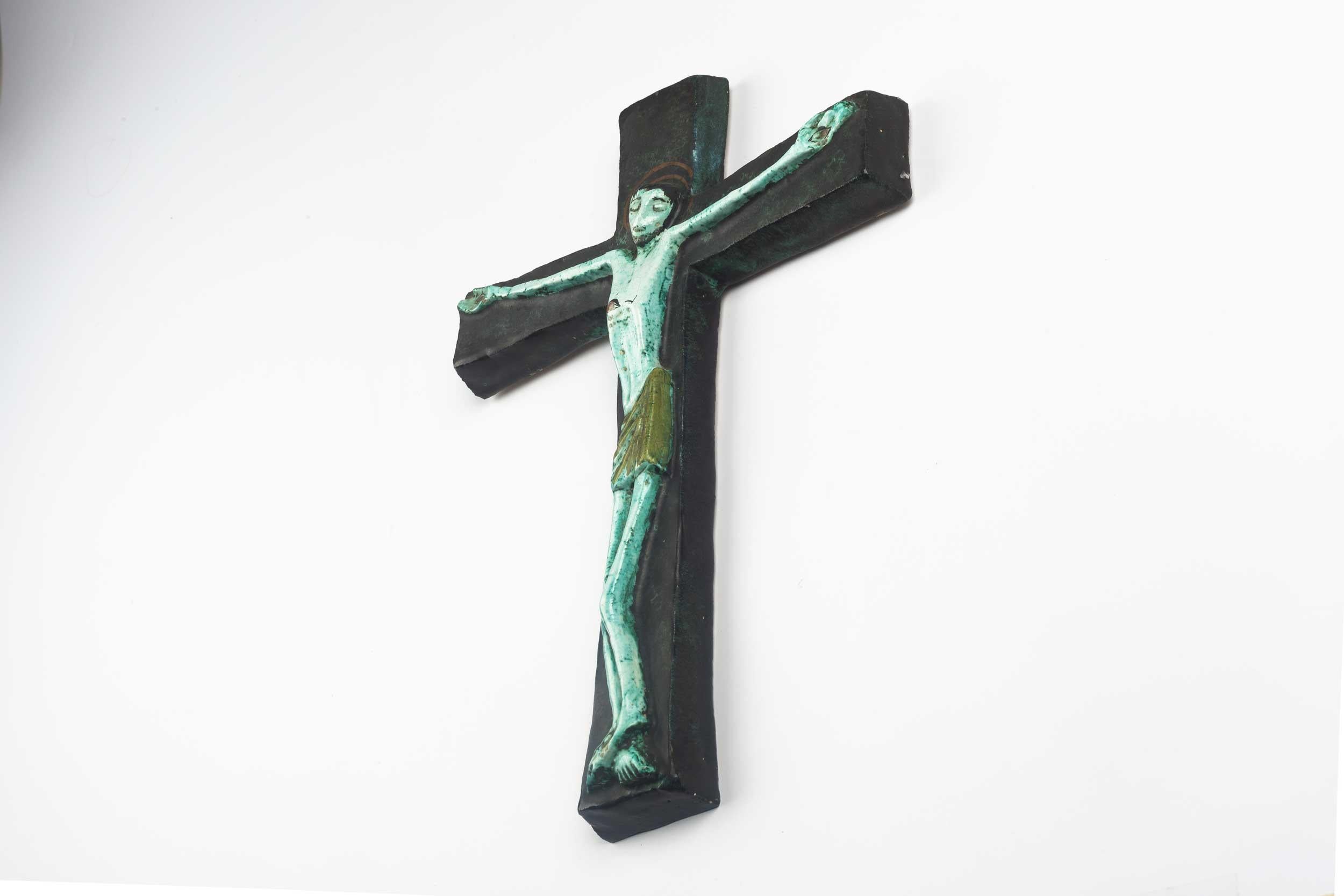 Belgian Midcentury European Wall Cross, Hand Painted Textured Ceramic, 1970s For Sale