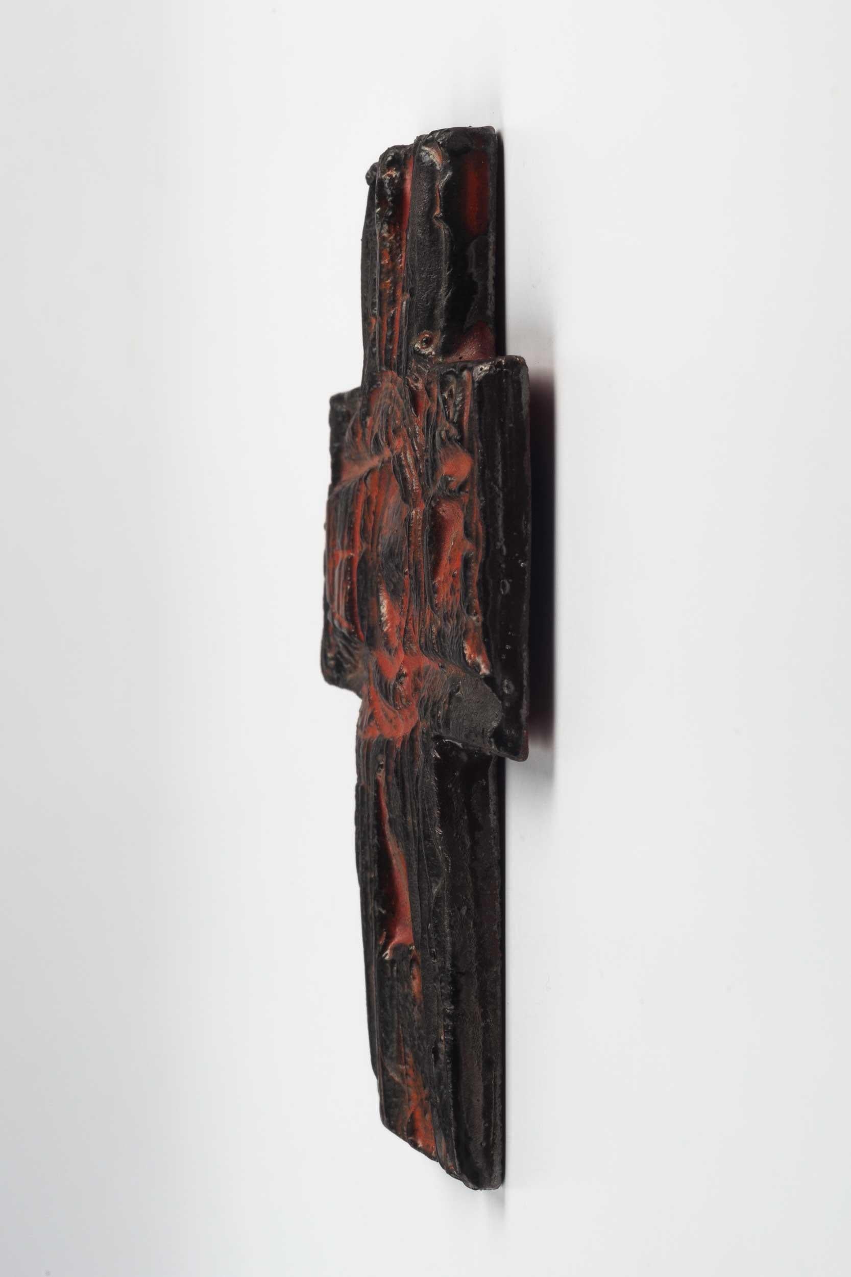 Hand-Crafted Midcentury European Wall Cross, Hand Painted Textured Ceramic, 1970s For Sale