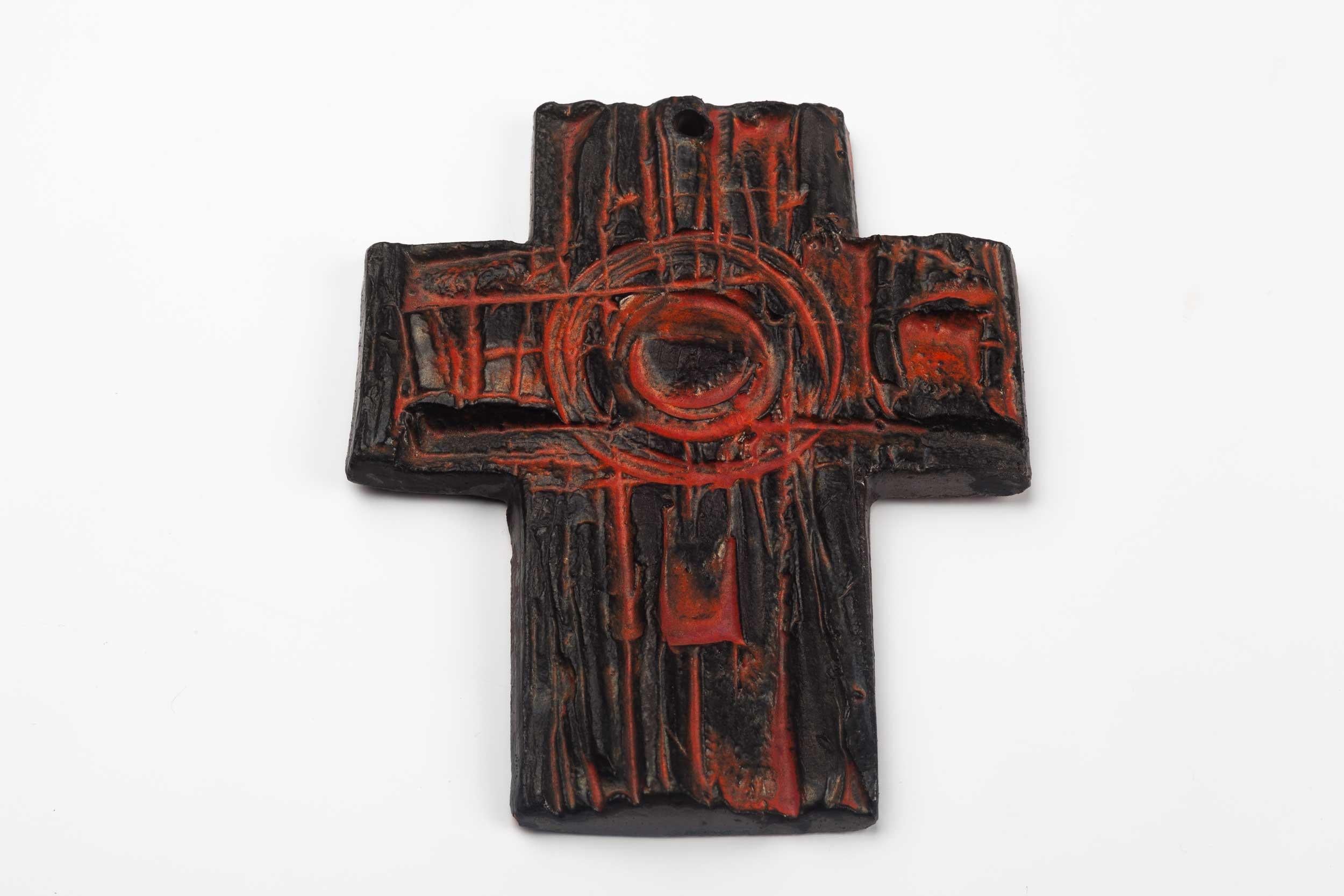 Midcentury European Wall Cross, Hand Painted Textured Ceramic, 1970s In Good Condition For Sale In Chicago, IL