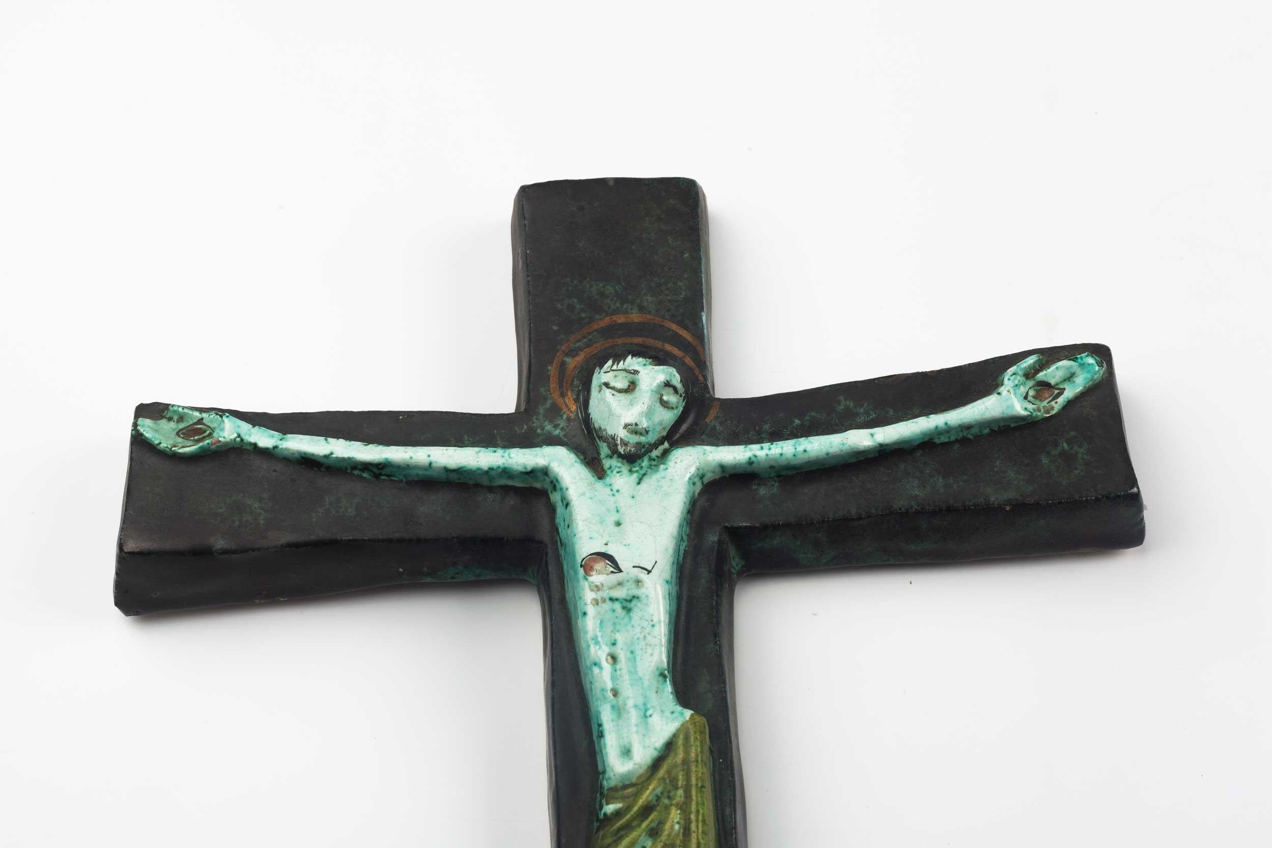 Midcentury European Wall Cross, Hand Painted Textured Ceramic, 1970s In Good Condition For Sale In Chicago, IL