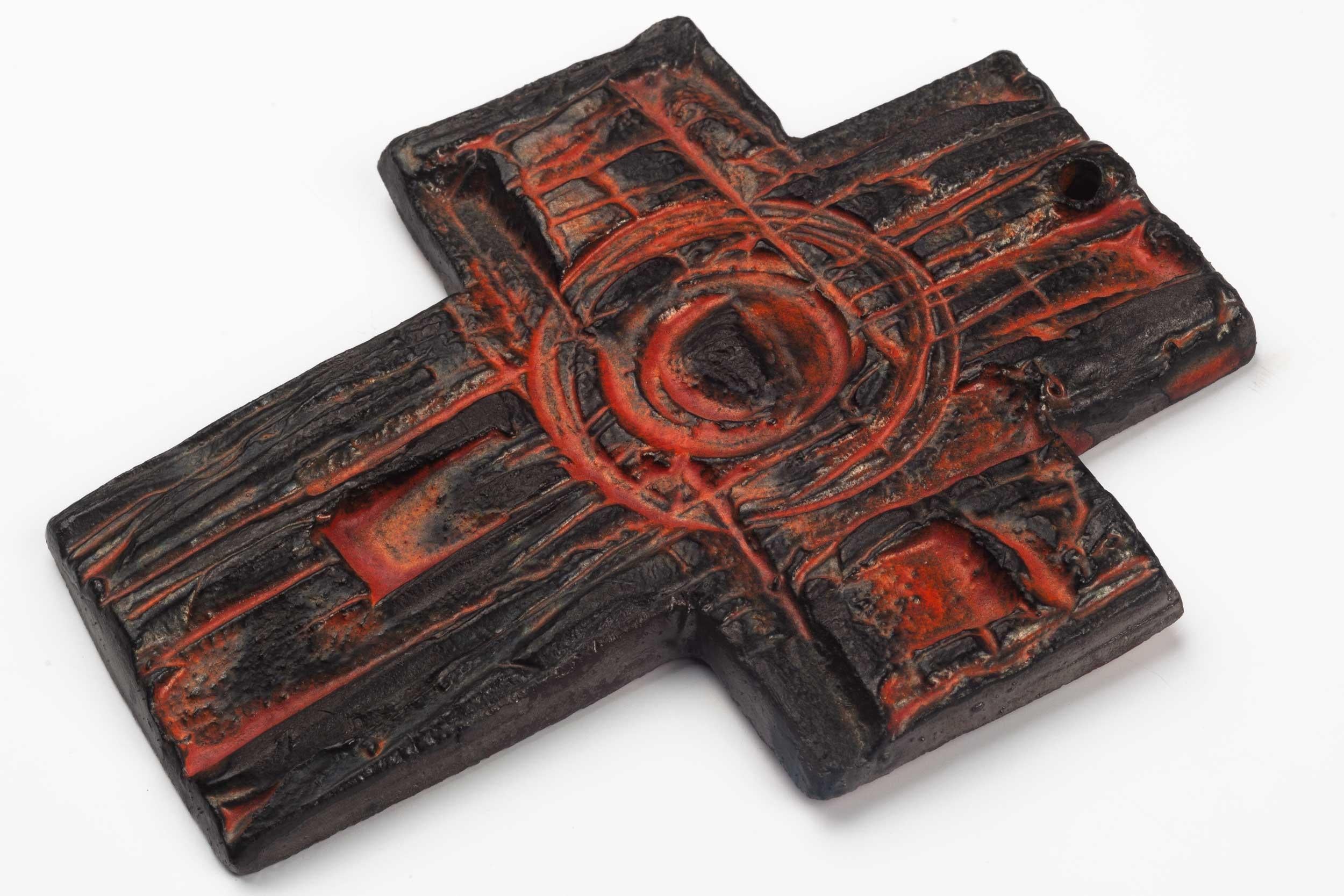 Late 20th Century Midcentury European Wall Cross, Hand Painted Textured Ceramic, 1970s For Sale