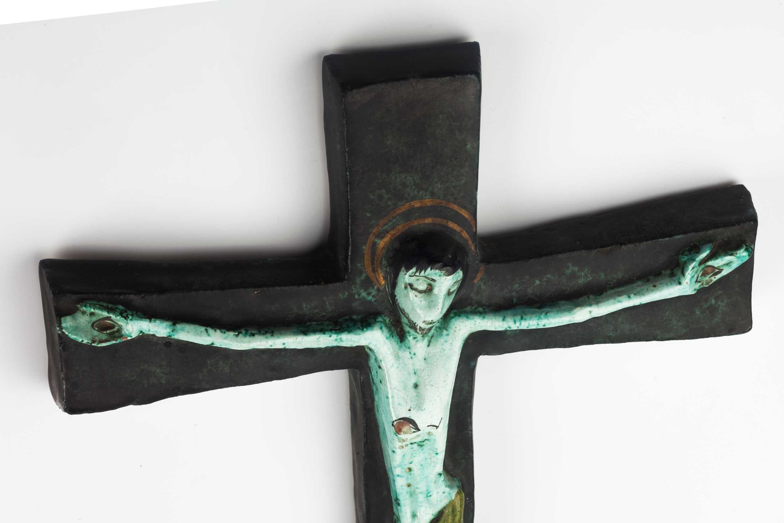 Late 20th Century Midcentury European Wall Cross, Hand Painted Textured Ceramic, 1970s For Sale