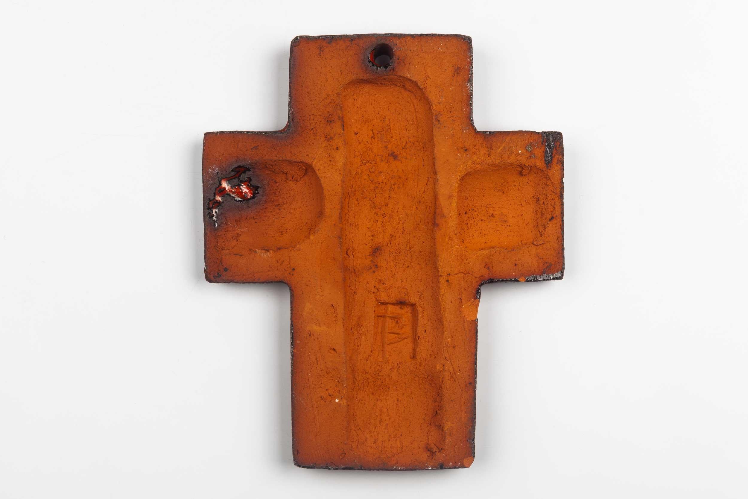 Clay Midcentury European Wall Cross, Hand Painted Textured Ceramic, 1970s For Sale