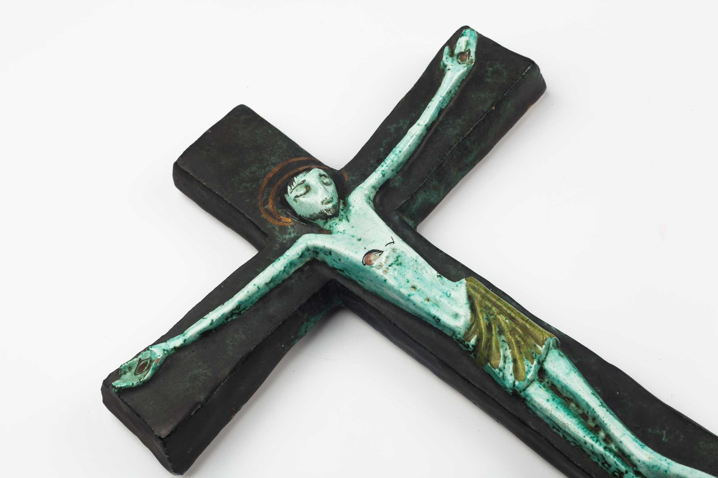 Clay Midcentury European Wall Cross, Hand Painted Textured Ceramic, 1970s For Sale