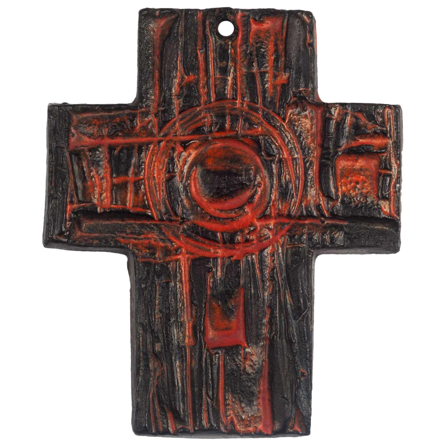 Midcentury European Wall Cross, Hand Painted Textured Ceramic, 1970s For Sale