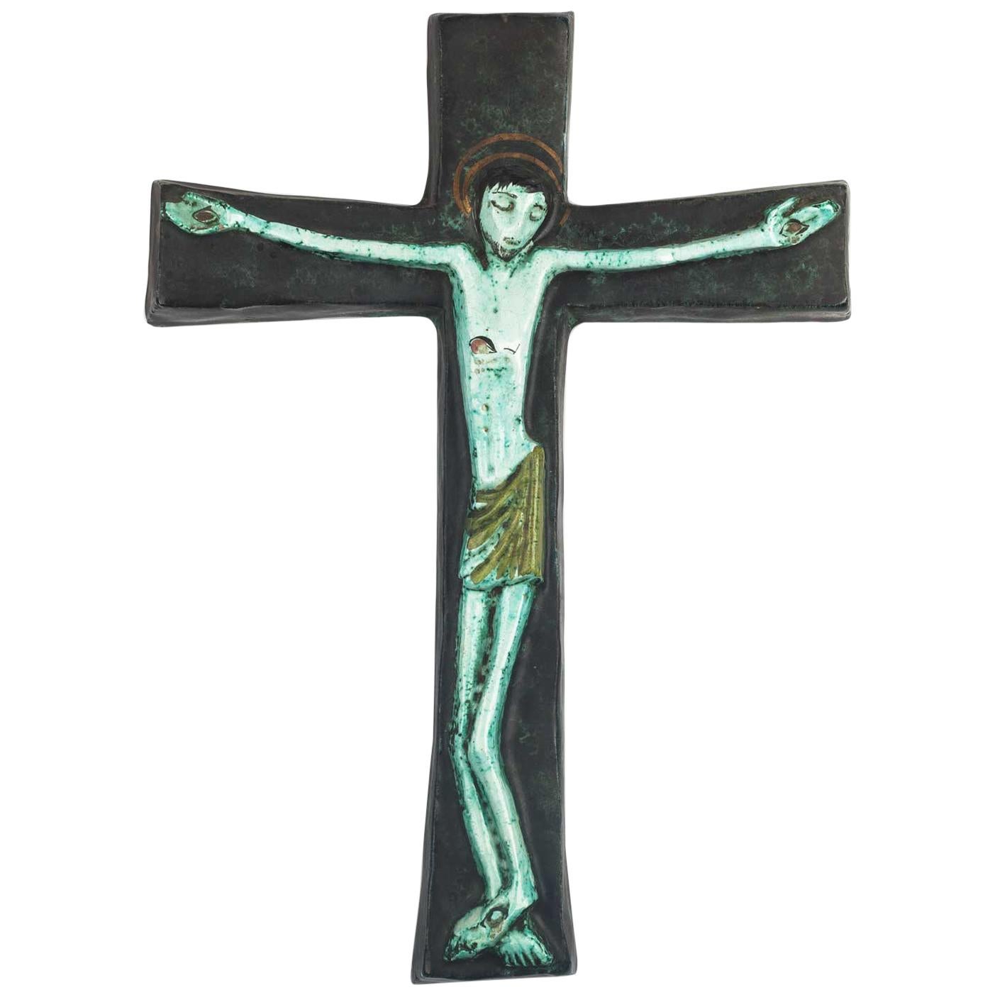 Midcentury European Wall Cross, Hand Painted Textured Ceramic, 1970s For Sale