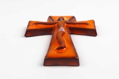 Midcentury European Wall Cross, Orange, Yellow, Hand Painted Ceramic, 1970s