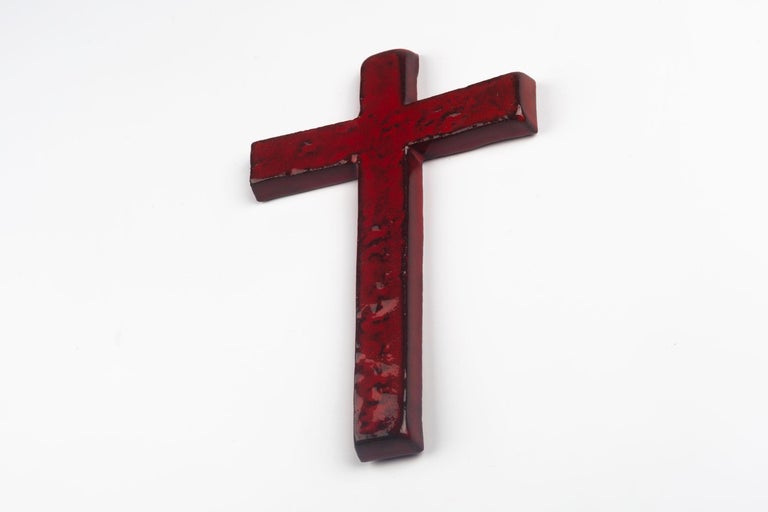 Glazed Midcentury European Wall Cross, Red, Black Texture, Hand Painted Ceramic, 1970s For Sale