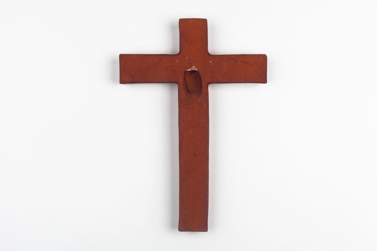 Mid-20th Century Midcentury European Wall Cross, Red, Black Texture, Hand Painted Ceramic, 1970s For Sale