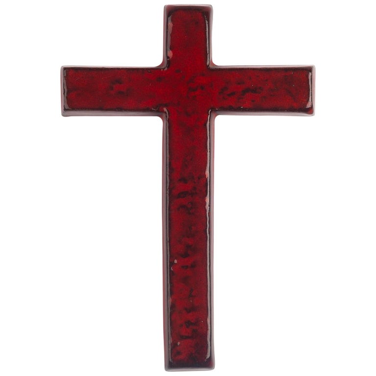 Midcentury European Wall Cross, Red, Black Texture, Hand Painted Ceramic, 1970s For Sale