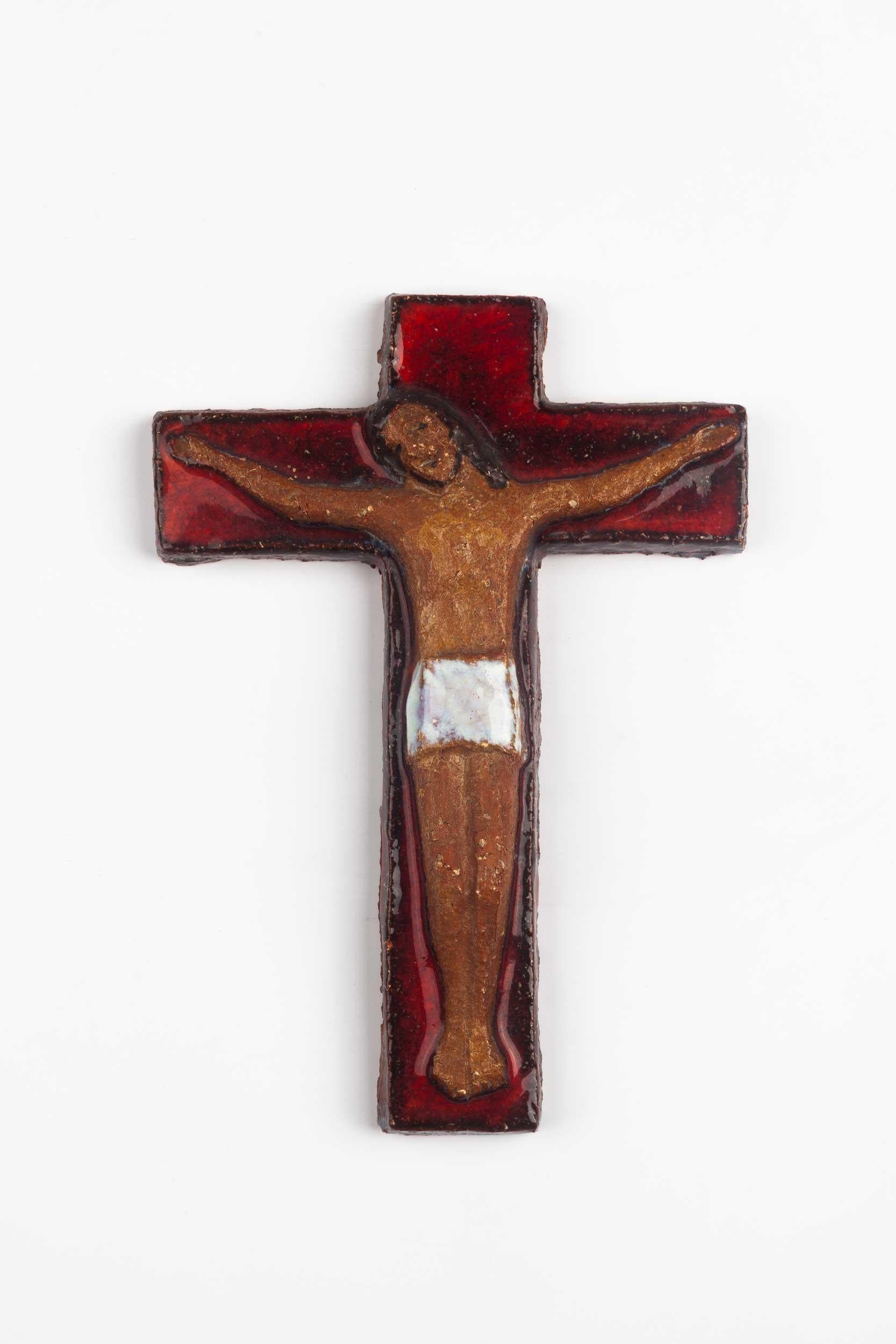 Hand-Crafted Midcentury European Wall, Cross, Red Glaze and Natural Clay, 1980s For Sale