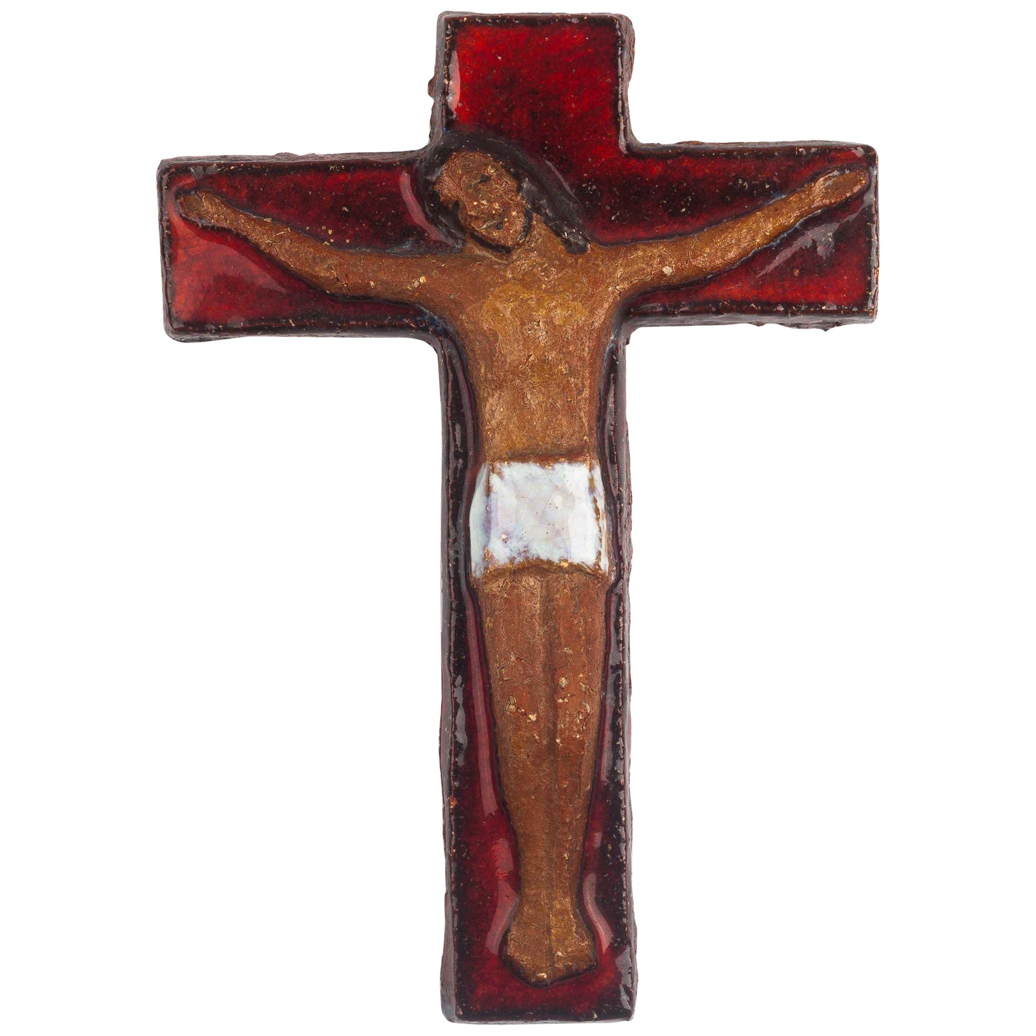 Midcentury European Wall, Cross, Red Glaze and Natural Clay, 1980s For Sale