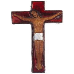 Midcentury European Wall, Cross, Red Glaze and Natural Clay, 1980s