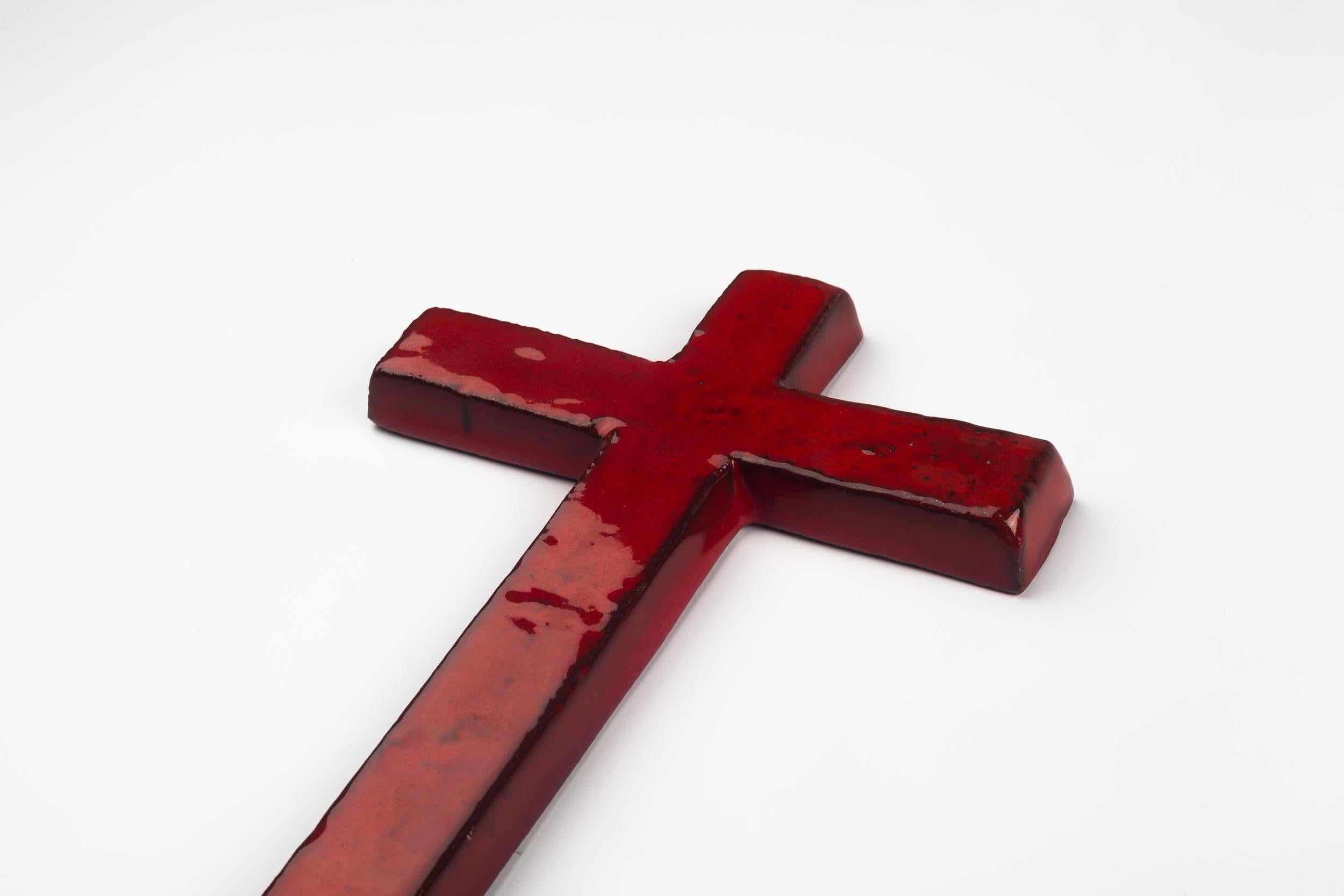 Midcentury European Wall Cross, Red, Hand Painted Ceramic, 1970s 1