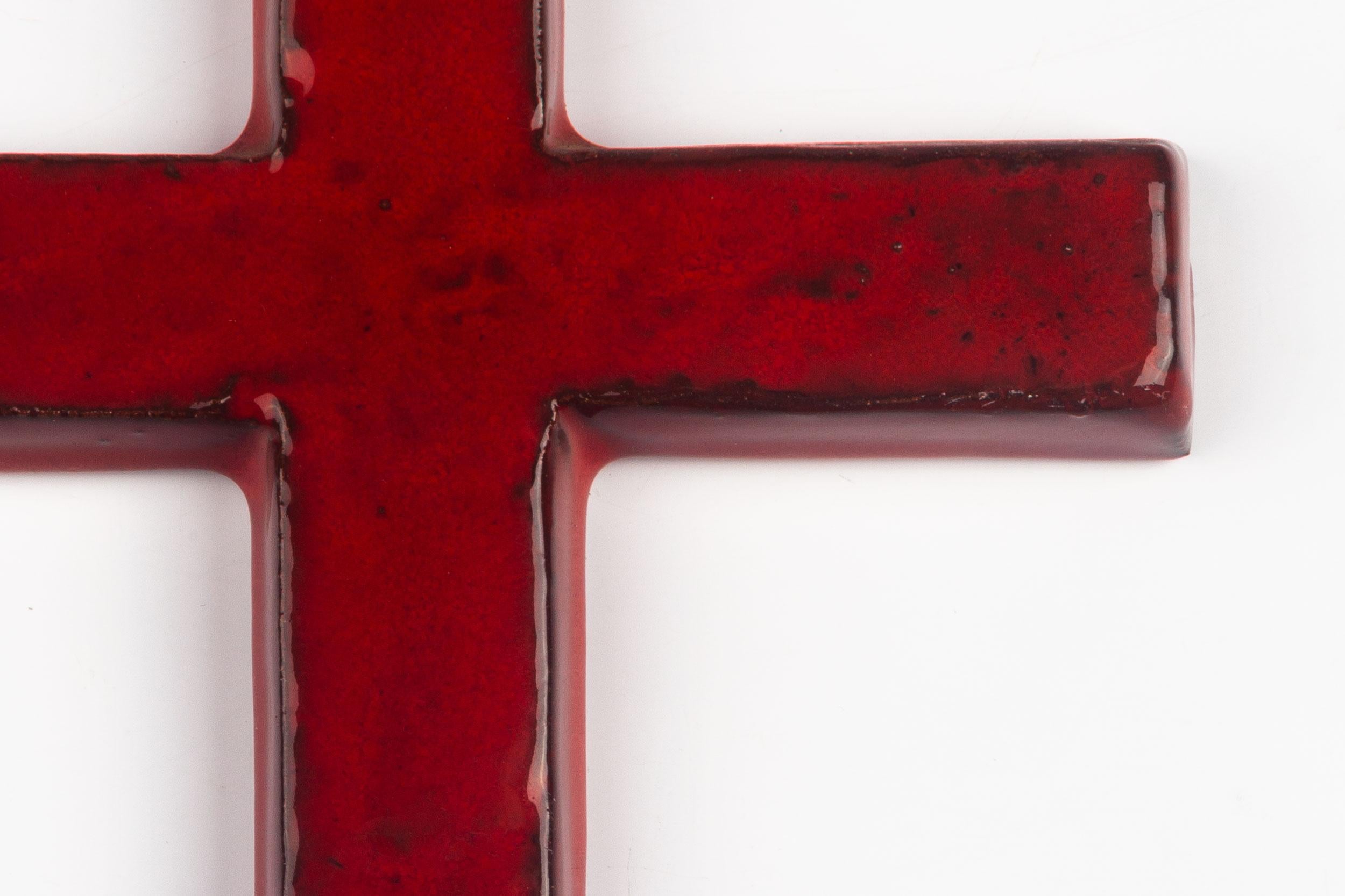 Mid-20th Century Midcentury European Wall Cross, Red, Hand Painted Ceramic, 1970s