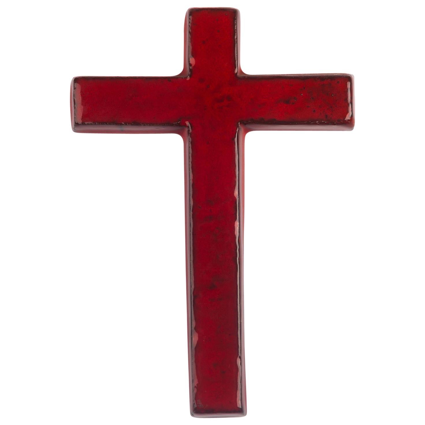 Midcentury European Wall Cross, Red, Hand Painted Ceramic, 1970s