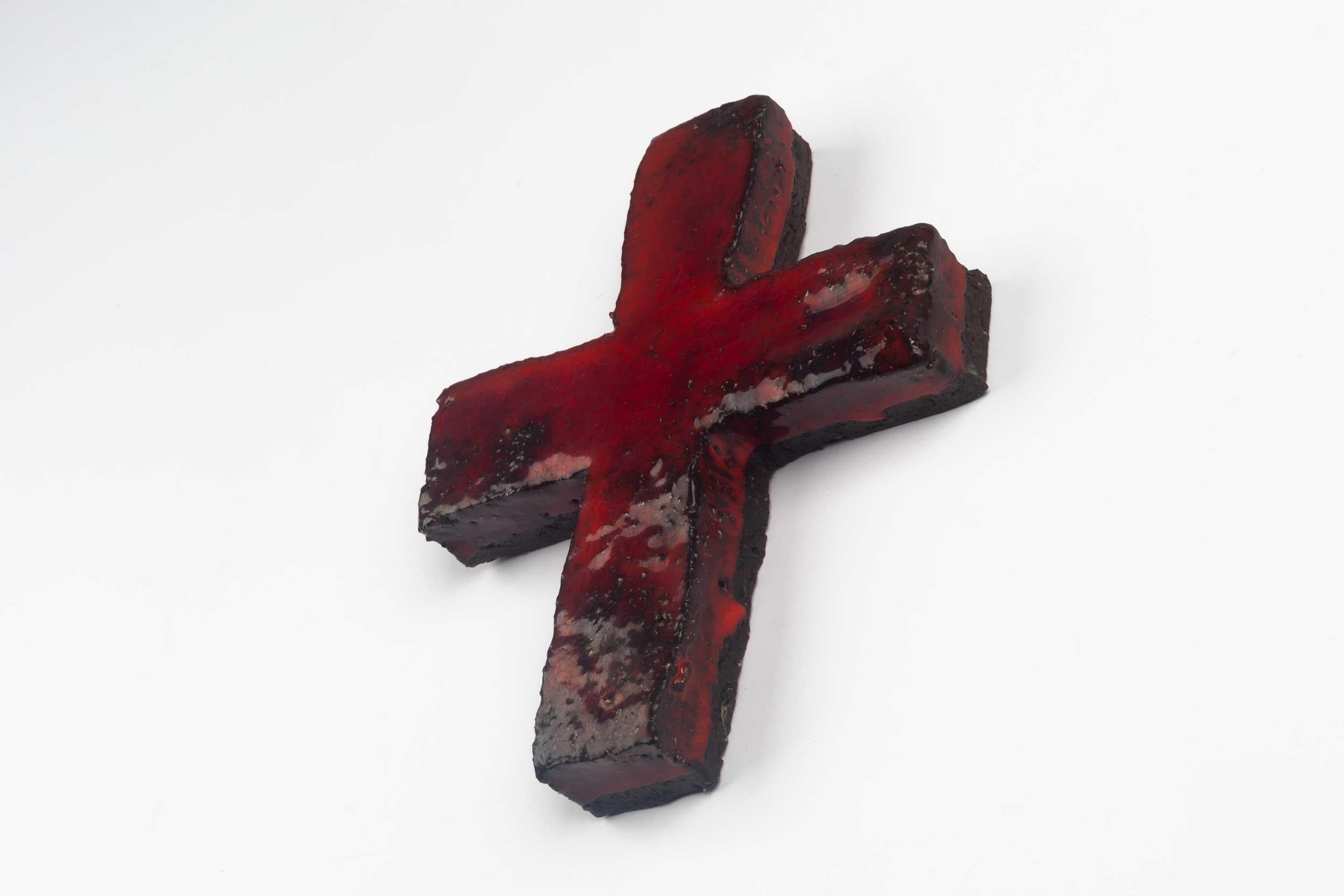 Belgian Midcentury European Wall Cross, Textured Ceramic, Red, Black, 1970s For Sale