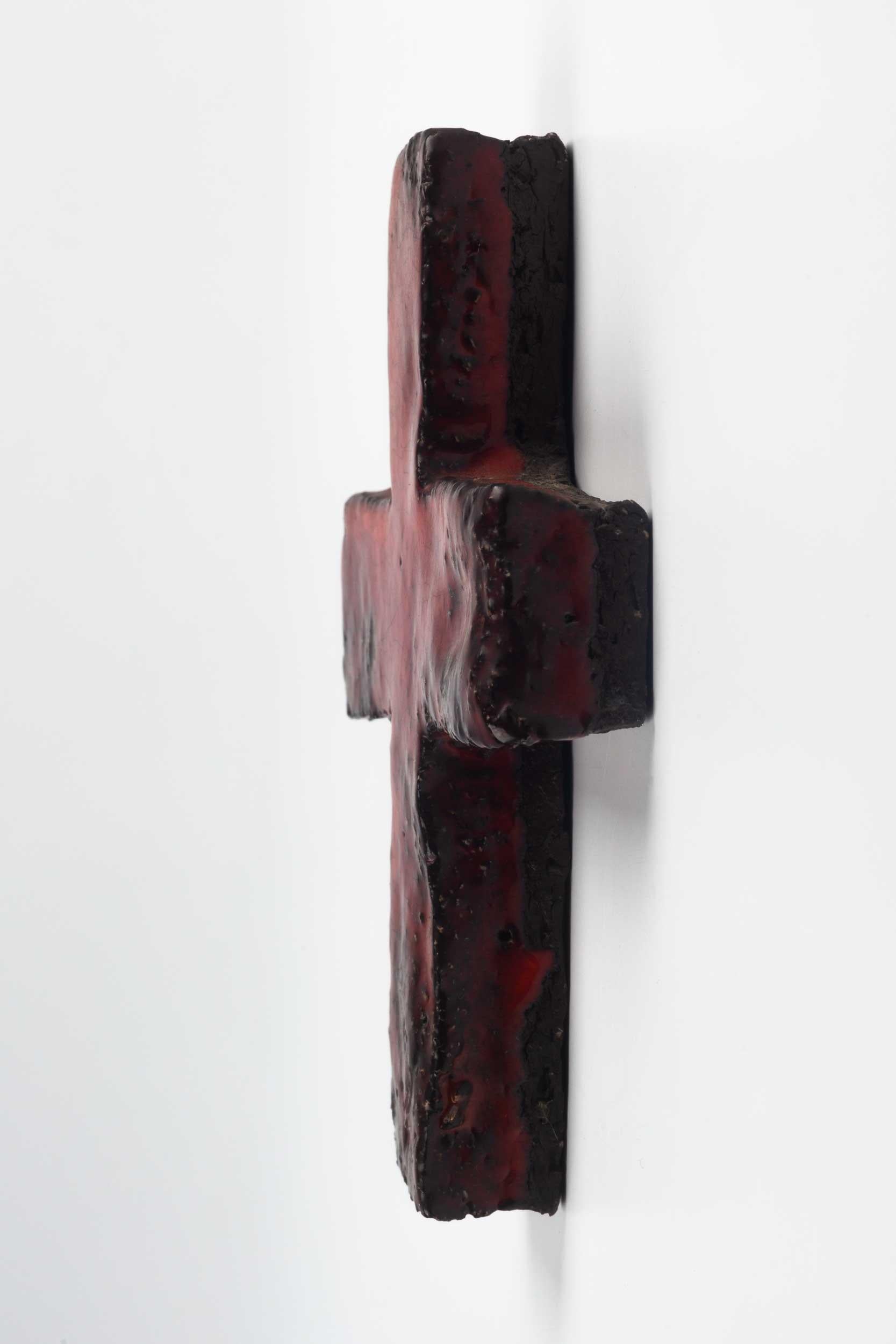 Clay Midcentury European Wall Cross, Textured Ceramic, Red, Black, 1970s For Sale