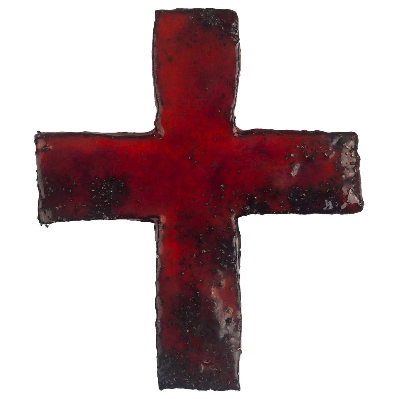 Midcentury European Wall Cross, Textured Ceramic, Red, Black, 1970s For Sale