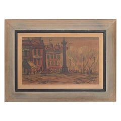 Vintage Midcentury European Watercolor Landscape Post Impressionist Art Cerused Oak