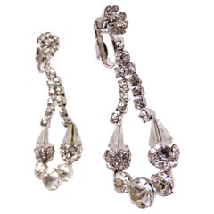 Used Mid-Century Evening Floral Rhinestone Teardrop Dangle Clip-On Earrings
