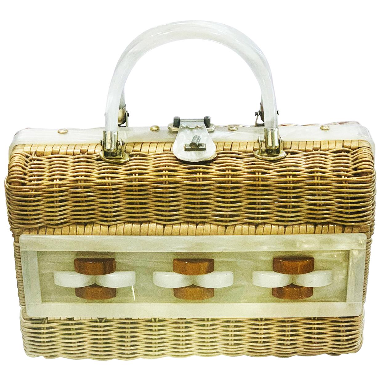 Mid Century Exceptional Lucite and wicker geometric handbag bag purse
