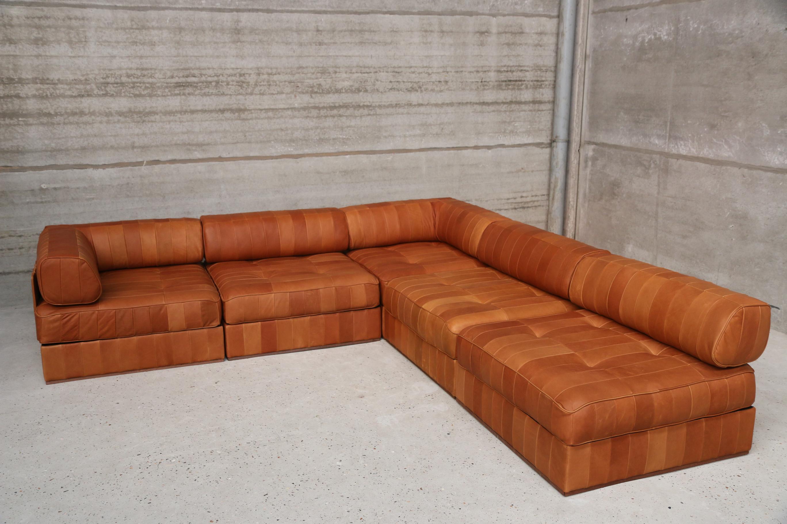 Iconic ds88 modular patchwork sofa restored in our signature vintage aniline leather. New quality foam and new leather. You can play with the modular composition of the sofa. This set consists of 5 modules, 3 normal modules and 2 corner L