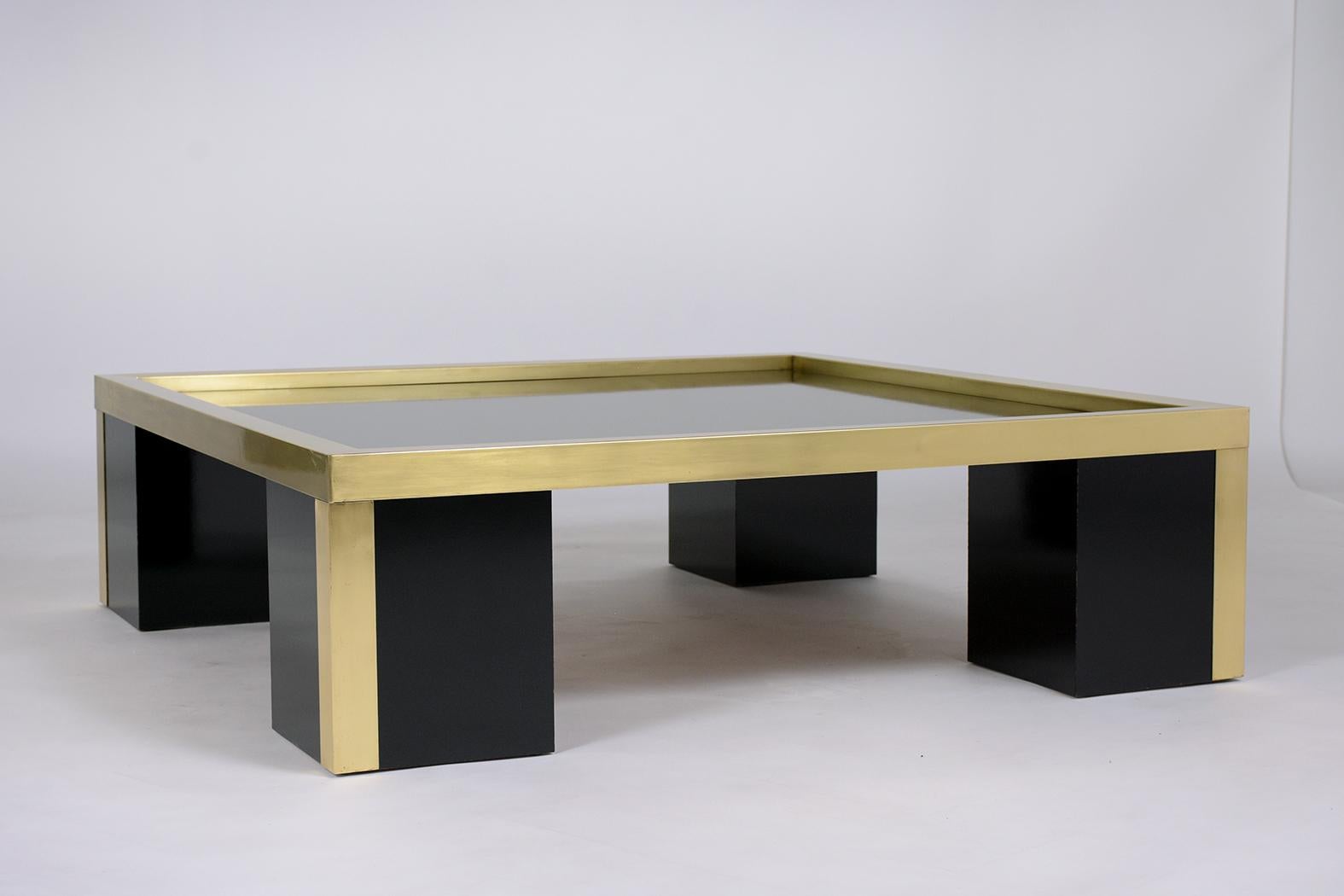 Vintage 1960s Mid-Century Modern Brass & Laminated Wood Coffee Table In Good Condition In Los Angeles, CA