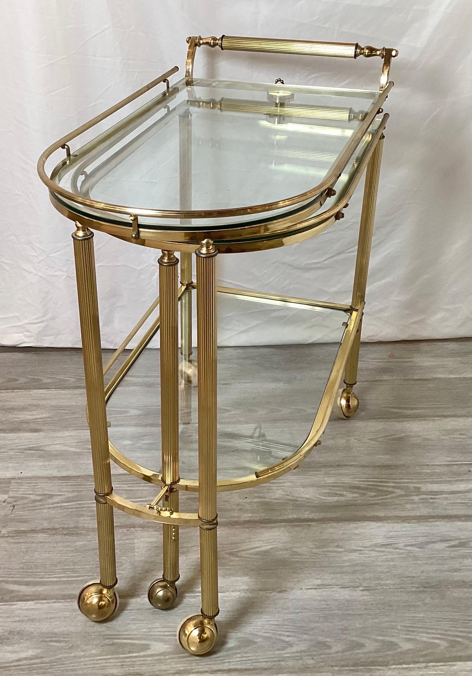 Hollywood Regency Mid-Century Expandable Brass and Glass Bar/Serving Cart, Three Tiered Shelves