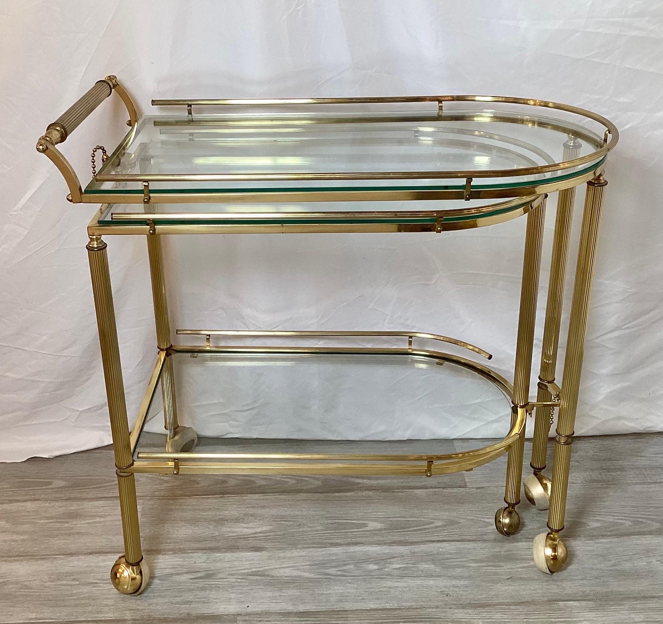 American Mid-Century Expandable Brass and Glass Bar/Serving Cart, Three Tiered Shelves