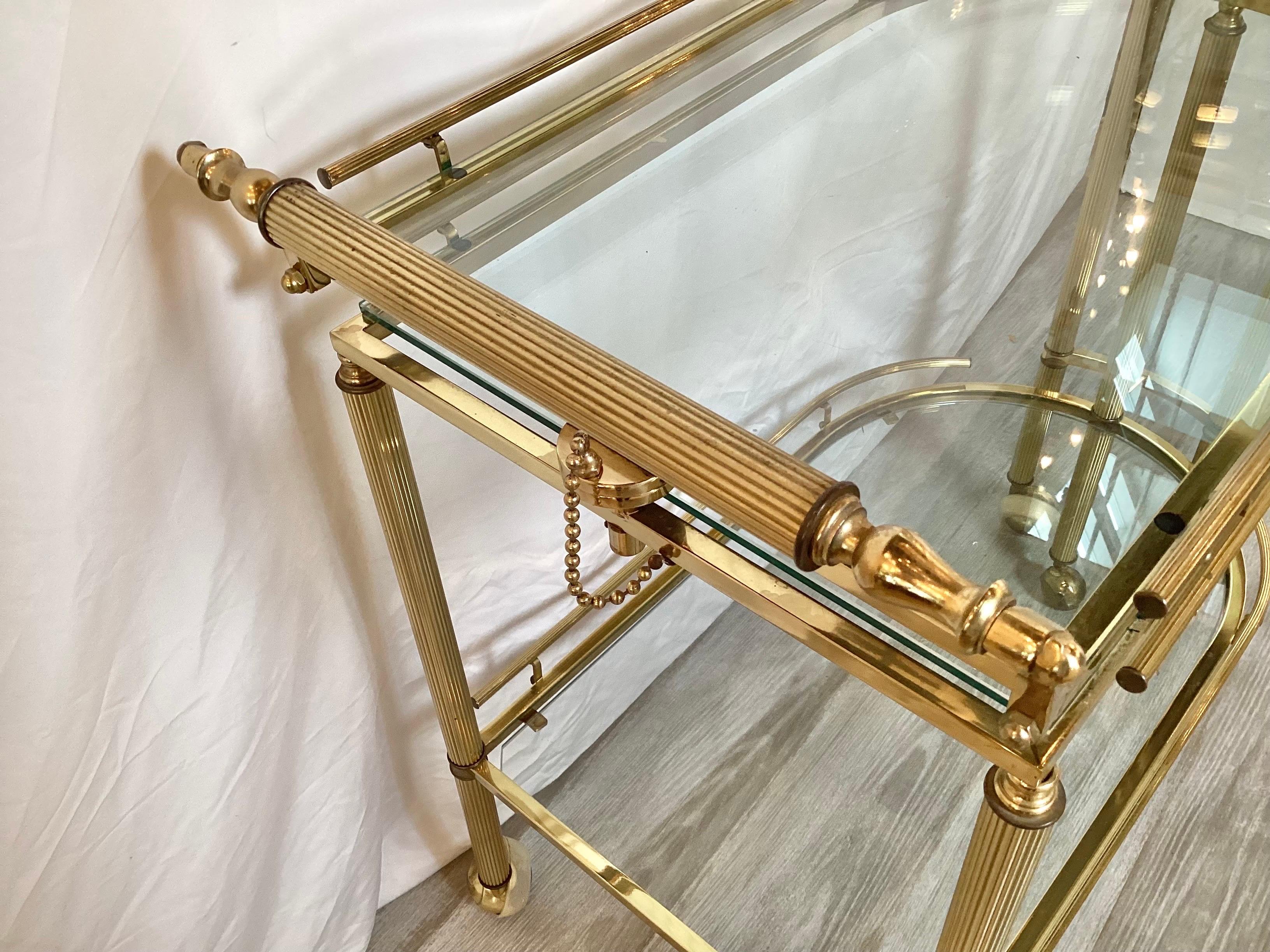 20th Century Mid-Century Expandable Brass and Glass Bar/Serving Cart, Three Tiered Shelves