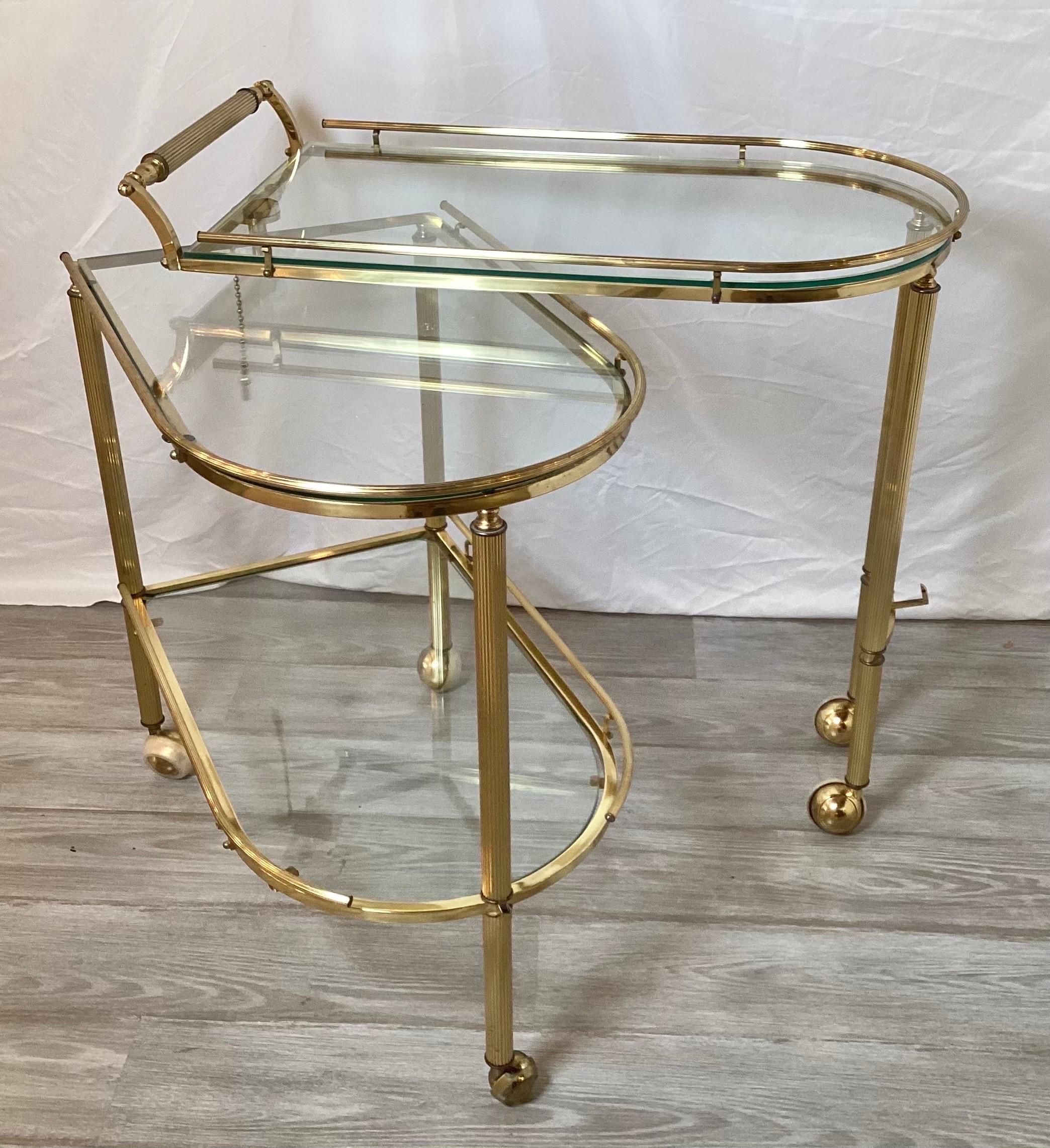 Mid-Century Expandable Brass and Glass Bar/Serving Cart, Three Tiered Shelves 1